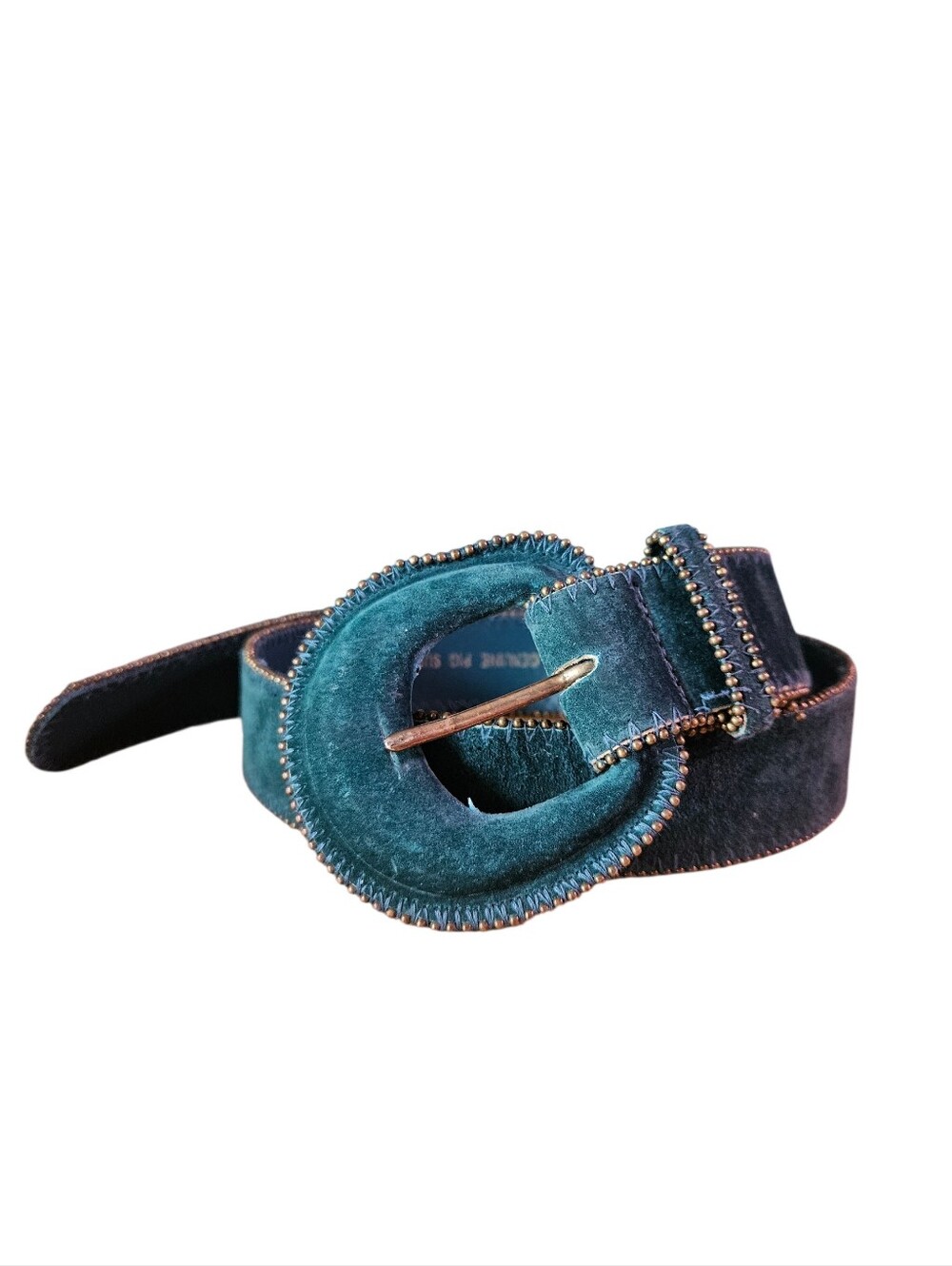 Vintage Belt Teal Velvet Leather Suede Beaded Large Round Buckle Sostanza